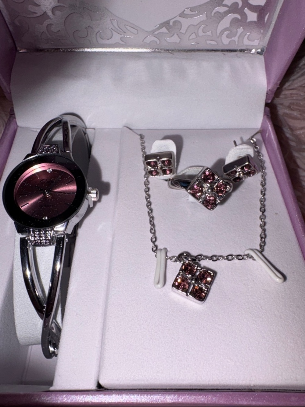 ONKY Silver Bangle Watch & Purple Crystal Jewelry Set - Women's Accessories. NIB